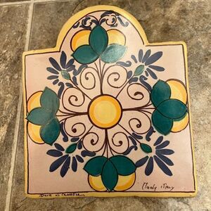 Italy Pottery Trivet Lemon Pier 1 Wall Hang Green Leaf Blue Flower Scrolls